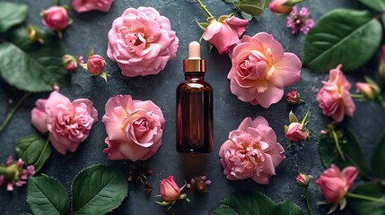 Composition with pure natural organic rose essential oil in glass bottle, luxury perfumery ingredient for fragrance, skin care products, anti-age beauty treatment. Fresh flowers banner : Generative AI - obrazy, fototapety, plakaty