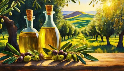 olive oil on a wooden table with a view of an olive grove suitable as a background or cover