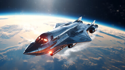 A futuristic silver space shuttle racing in orbit. - obrazy, fototapety, plakaty