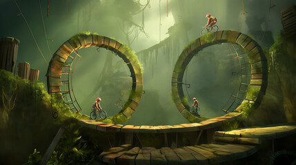 A green unicycle race through an obstacle course. - obrazy, fototapety, plakaty