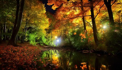 very beautiful fall forest at night with an epic fall foliage