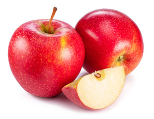 Ripe red apples and apple slice isolated on white background.