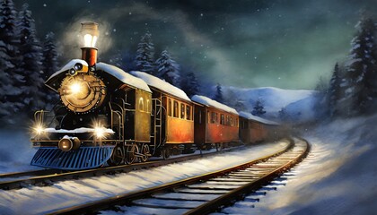 an evening train passes through a winter landscape 