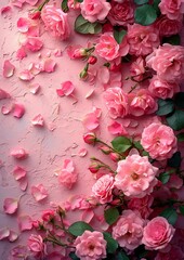 Flowers background. beautiful pink roses and petals frame on pink background.Top view.Copy space. Wedding invitation. Holiday concept : Generative AI