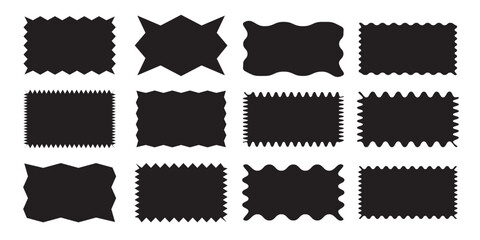 Zig zag Wavy Edge Rectangle Shapes frame Set. Vector Jagged Geometric Rectangular. Wiggly undulate square black graphic design elements for decoration, banner, poster, frame, template, sticker, badge.