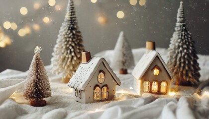 atmospheric miniature winter village stylish cute little ceramic houses and christmas wooden trees on soft snow blanket with glowing lights christmas modern white background happy holidays