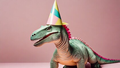 dinosaur with party hat on pastel pink background