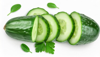 sliced cucumber on white background with clipping path and full depth of field top view flat lay