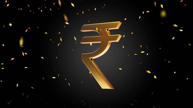 3D animated Indian Rupee symbol with confetti in dark background - 4k video