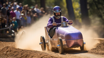 A purple soapbox derby car racing down a hill. - obrazy, fototapety, plakaty