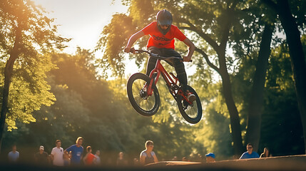 A red bicycle motocross (BMX) rider in a park. - obrazy, fototapety, plakaty
