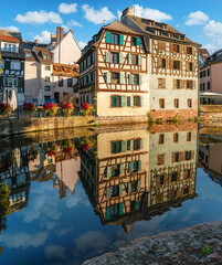 Le Petite France, the most picturesque district of old Strasbourg. Half-timbered houses with...