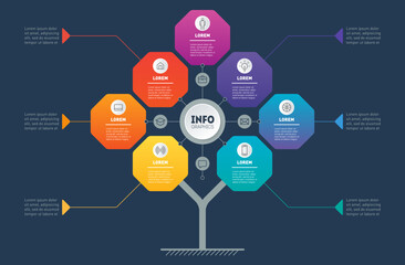 Business infographics concept with 7 active options. Tree. Template of diagram or brochure on dark background. Information chart or infographic of technology or education process with seven steps.