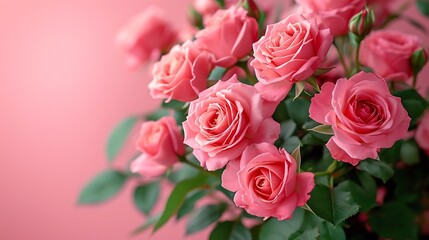 Fototapeta premium Bouquet of pink roses on pink background. Mother's day, Valentines Day, Birthday celebration concept. Greeting card. Copy space for text, top view : Generative AI