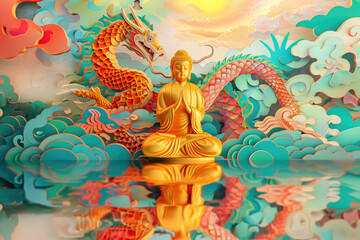 golden Buddha with colorful paper cut clouds, a glowing dragon, water reflection