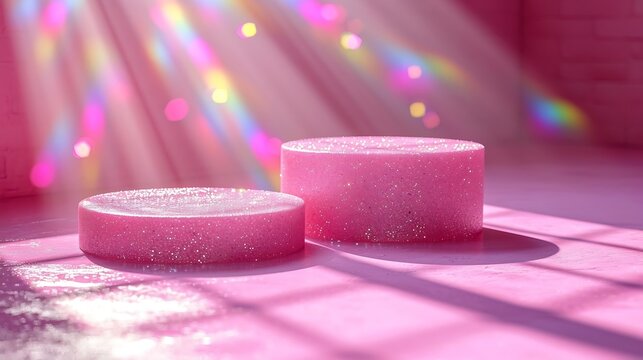 Abstract minimal scene - empty stage, two cylinder podiums on pink background with rainbow crystal light refraction sparkles. Pedestal for cosmetic product and packaging mockups displa : Generative AI