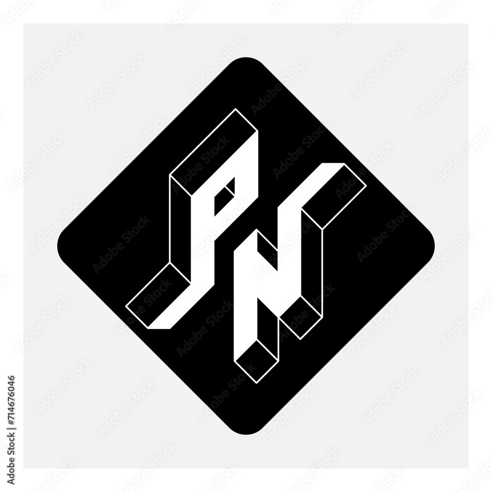 Poster p and n - monogram or logotype. isometric 3d font for design. three-dimension letters on a diamond-s