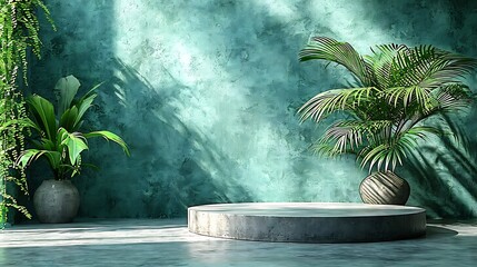 Minimal abstract background for the presentation of a cosmetic product. Premium podium with a shadow of tropical palm leaves on a pastel green wall and gray table. Showcase, display ca : Generative AI - obrazy, fototapety, plakaty