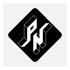 P and N - Monogram or logotype. Isometric 3d font for design. Three-dimension letters on a diamond-shaped substrate. PN - 2-letter code.