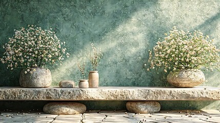 Composition empty podium material tree stone dry flowers. Product presentation. Background beige green. Beautiful background from natural materials : Generative AI