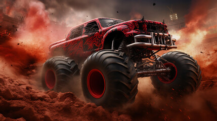 A red monster truck crushing cars in an arena. - obrazy, fototapety, plakaty