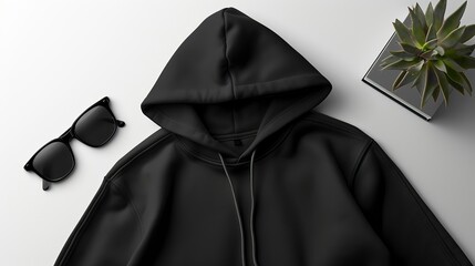 Top View BLack Sweater and Hoodie Mock-up Unisex Fashion, Book, Sunglasses 