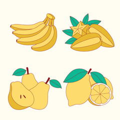 Set of yellow fruit banana, star fruit, pear and lemon flat design illustration