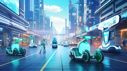 A teal autonomous electric scooter race in a futuristic city. - obrazy, fototapety, plakaty