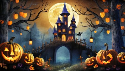 Fototapeta na wymiar spooky castle in dark forest at sunset with halloween decorations suitable for cover or background