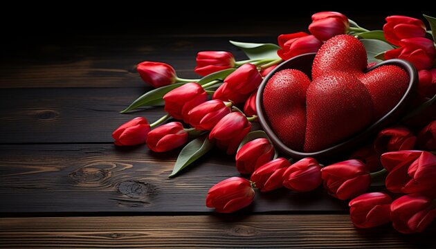 Valentine s day concept with chocolates, hearts, and red tulipscopy space image for text or design.