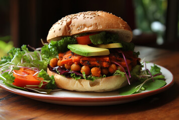 Vegetarian hamburger on table black background