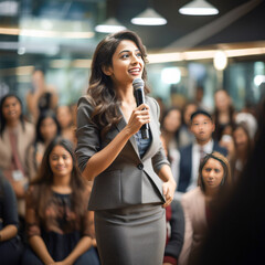 young businesswoman speaking or addressing in a small business meeting - obrazy, fototapety, plakaty