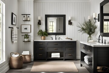 modern minimalist bath room with hanging lamp in farmhouse black and white style