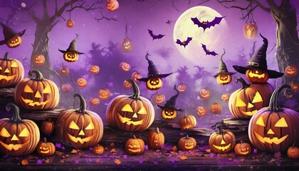 pumpkin lantern on purple background with bats suitable for halloween