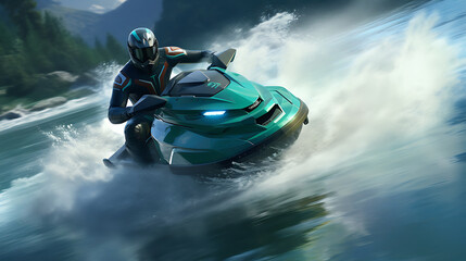 A teal racing jet ski on a watercourse. - obrazy, fototapety, plakaty