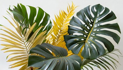 monstera deliciosa and yellow palm tropical leaves on white background