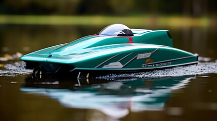 A teal radio-controlled speedboat in a pond race. - obrazy, fototapety, plakaty