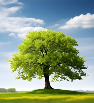 A Majestic Green Tree Standing Alone in a Vibrant, Sunny Meadow