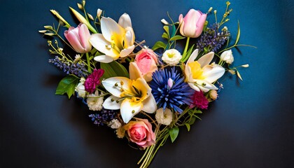 a heart shaped arrangement of flowers on a black background with a blue background 
