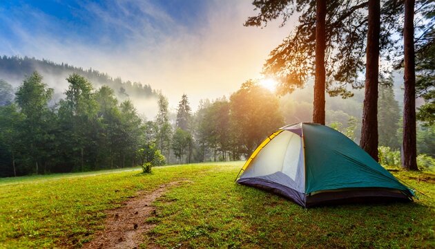 beautiful morning landscape with camping tent at sunrise camping in the forest generative ai