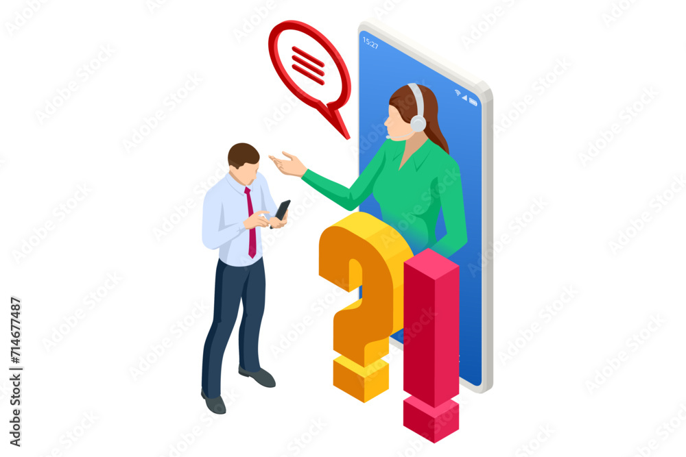 Poster isometric question marks, message box with question, chatbot technology, ai chat bot based on artifi