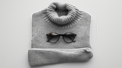 Top View Grey Sweater and Hoodie Mock-up Unisex Fashion, Book, Sunglasses 