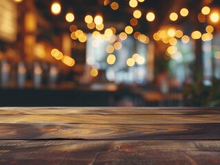 Warm, bokeh lights create an inviting and cozy ambiance over a wooden tabletop, typical of a charming café setting.