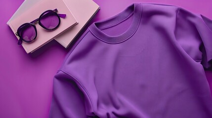 Top View Purple Sweater and Hoodie Mock-up Unisex Fashion, Book, Sunglasses 