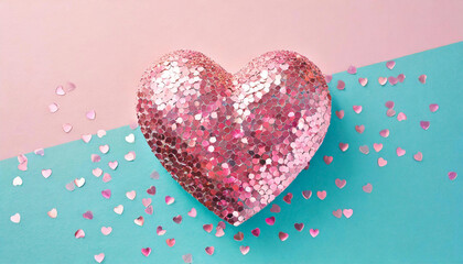 Heart of pink sequins on pink and blue pastel background. Valentine s day