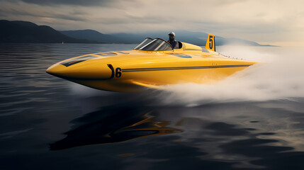 A yellow vintage racing boat in a classic boat race. - obrazy, fototapety, plakaty