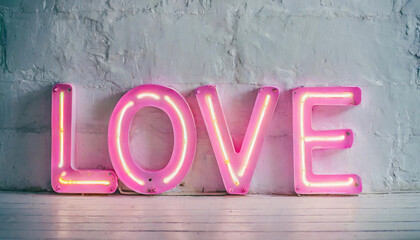 Neon sign that says the word Love in pastel pink colours - Powered by Adobe
