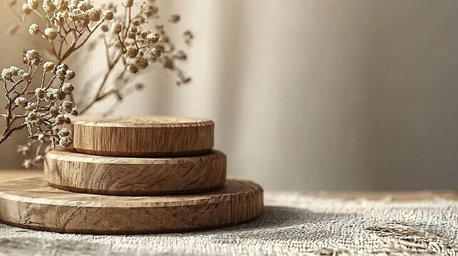 Wood podium, wooden pieces on beige background for cosmetic product mockup. : Generative AI