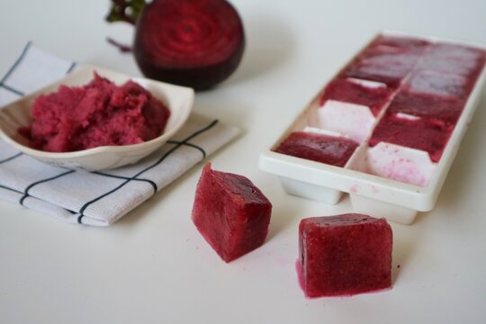  Organic beetroot pulp juice fruits in ice cube trays ready for freezing. Can be used for face mask for healthy skin care., squeezed from a slow juicer, zero waste.