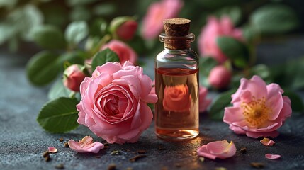 Composition with pure natural organic rose essential oil in glass bottle, luxury perfumery ingredient for fragrance, skin care products, anti-age beauty treatment. Fresh flowers banner : Generative AI
